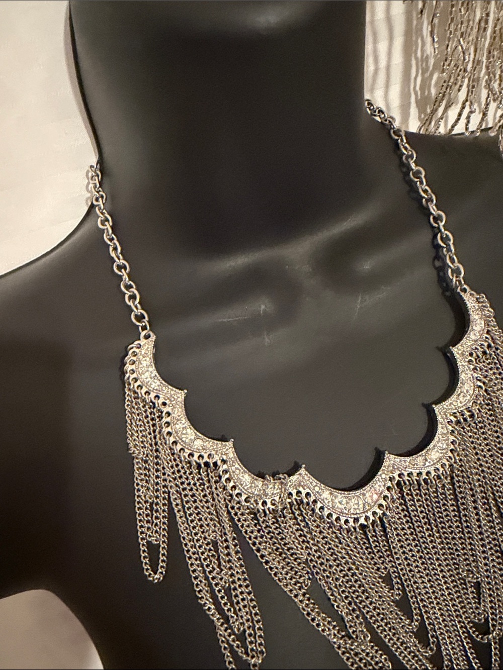 Silver Fringe Scalloped Statement Necklace and Earrings- Women Jewelry - Picture 2 of 9